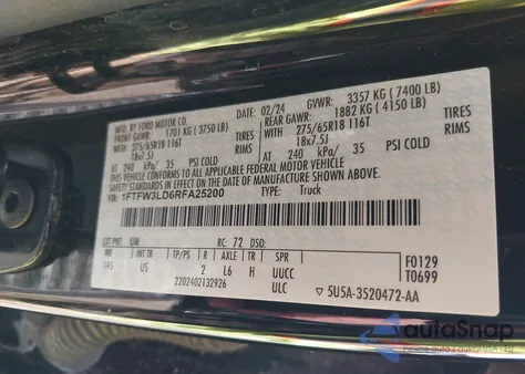 2024 Ford F-150 Xlt из США, поврежденный, VIN 1FTFW3LD6RFA25200